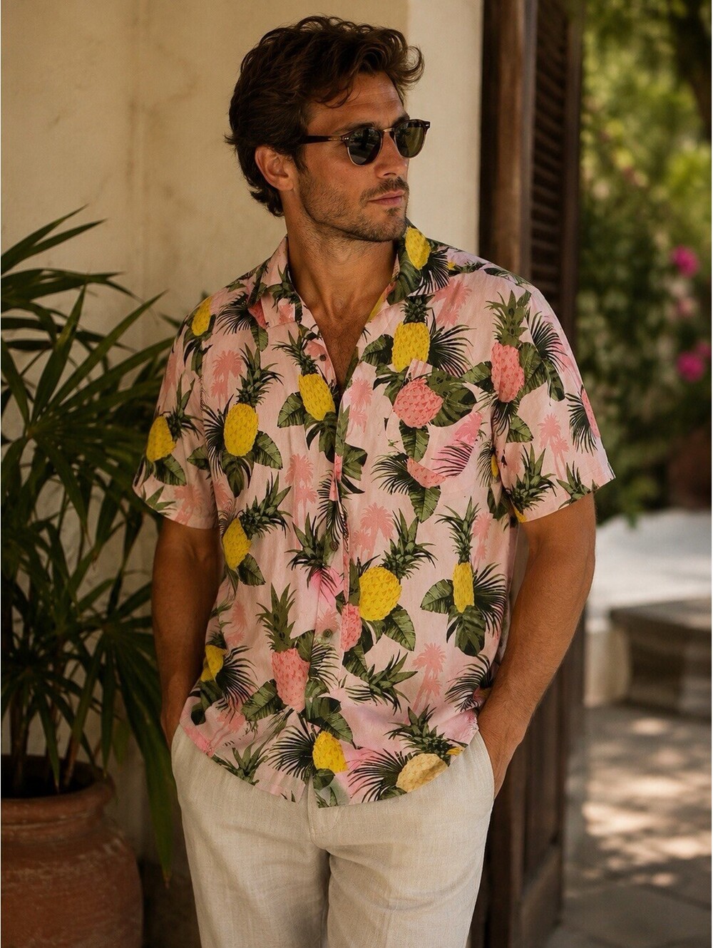 The Children’s Place Men’s M/M Pink Pineapple Tropical Hawaiian Button Down